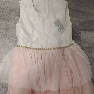 White and Pink Tulle Dress with Gold Accent